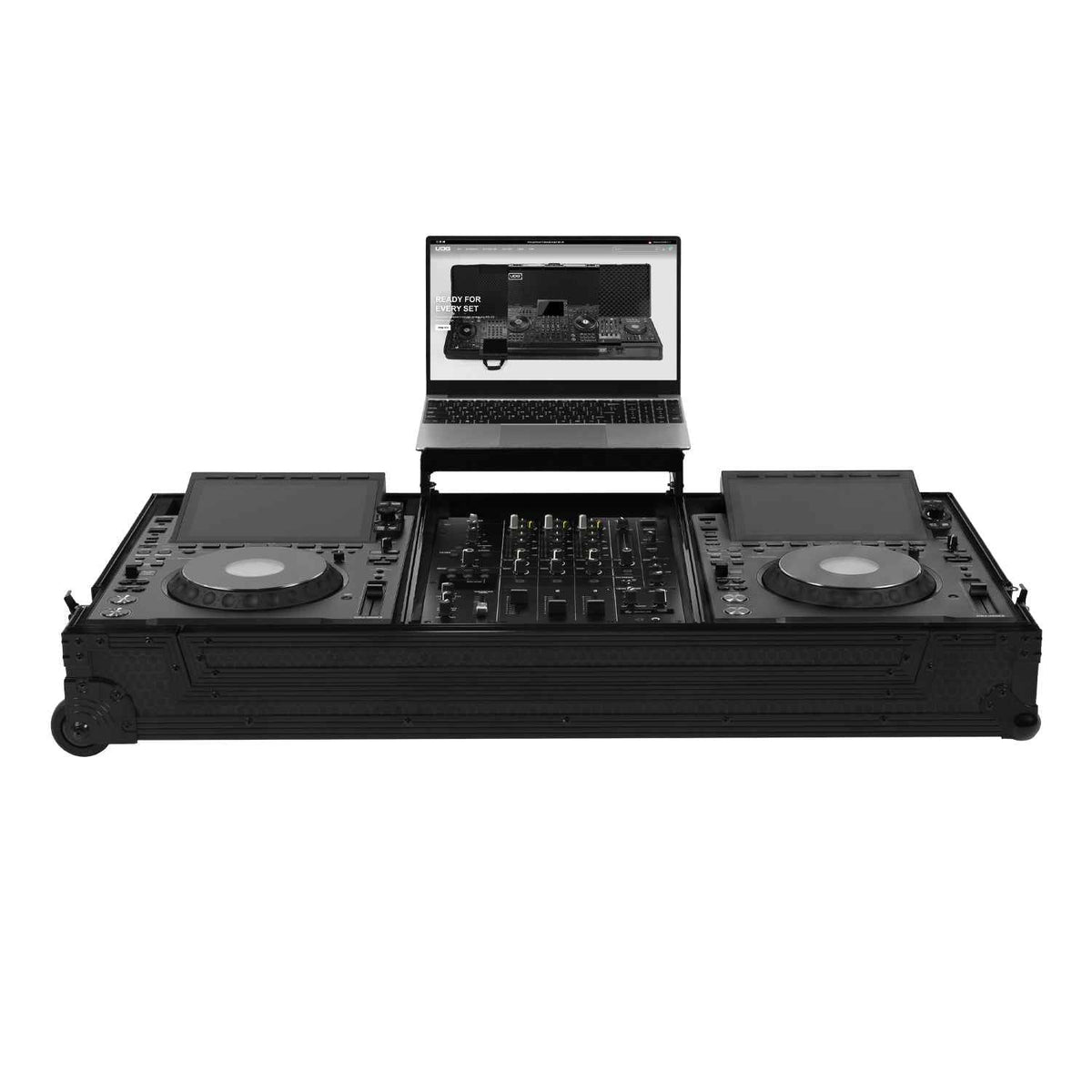 UDG Ultimate Flight Case Set AlphaTheta CDJ-3000X/DJM-V5 Black Plus (Laptop Shelf + Wheels)